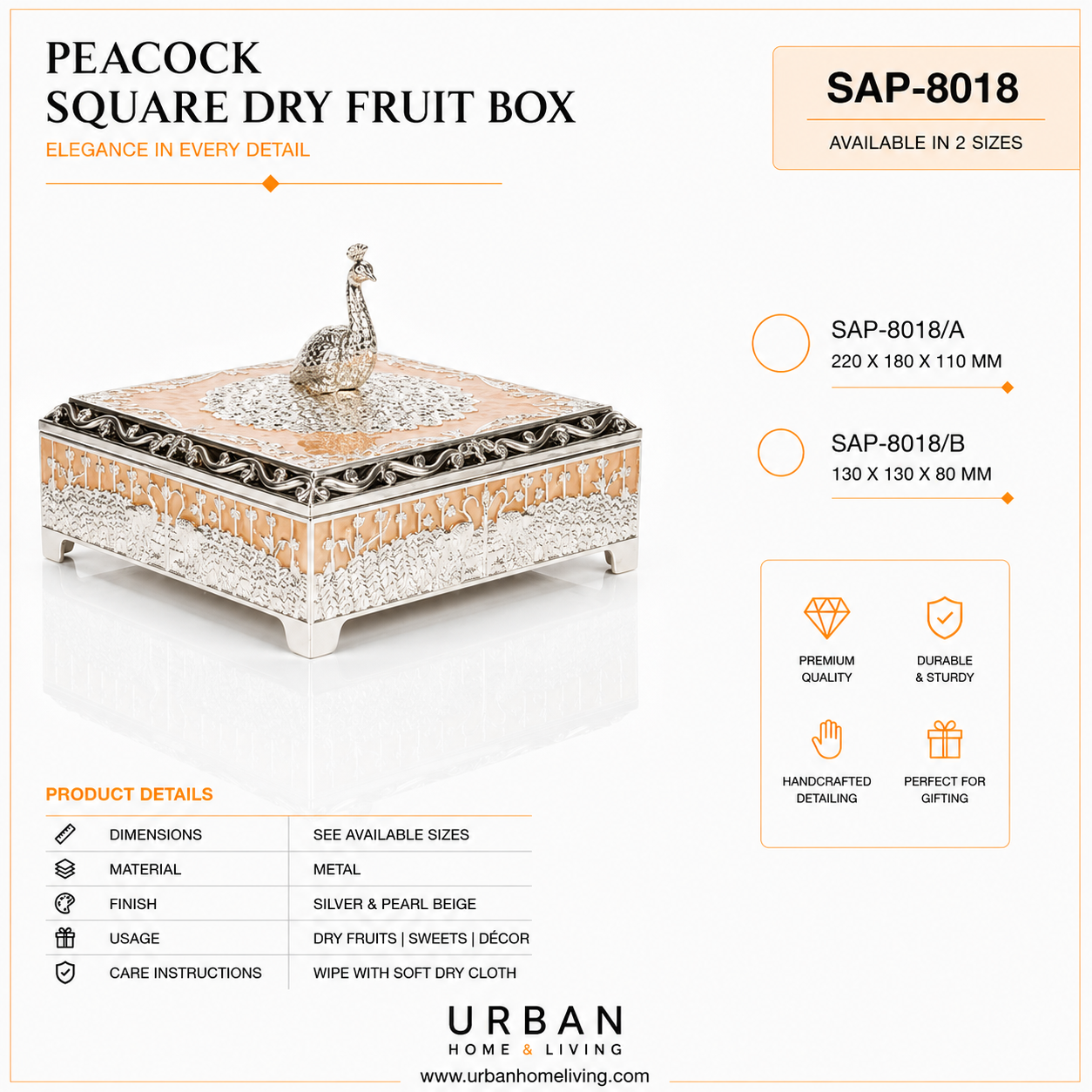 German Silver - Peacock Square Dry Fruit Box