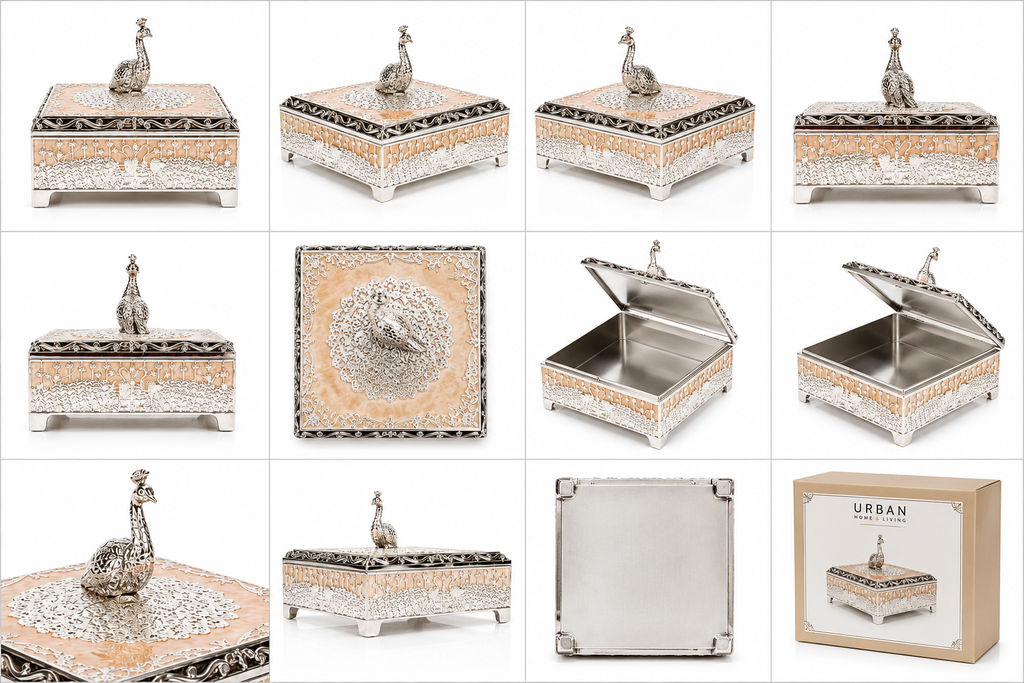 German Silver - Peacock Square Dry Fruit Box